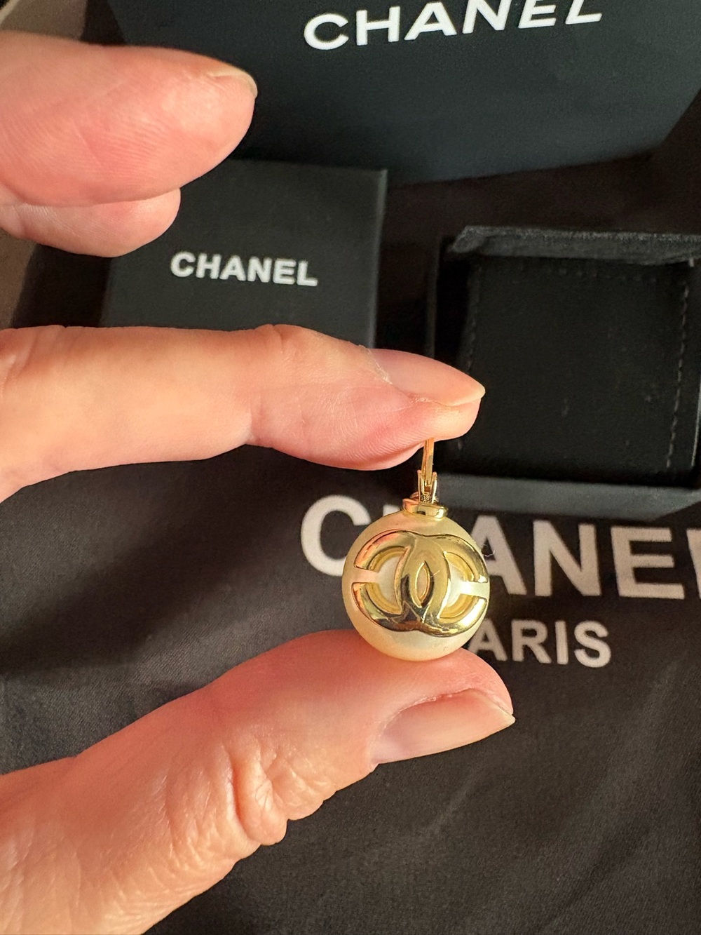 Authentic Chanel Gold tone Pearl Drop Earrings like new with box and bag